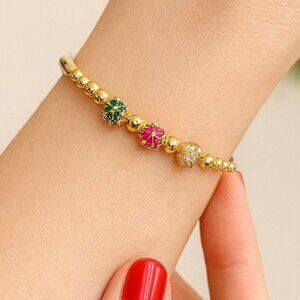 Copper 18K Gold Plated Inlay Round Artificial Gemstones Zircon Bangle